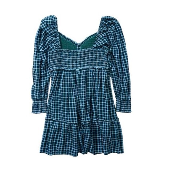 American Eagle Blue Smocked Plaid Babydoll Mini Dress Women’s Large Academia - Picture 2 of 12